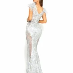 Portia & Scarlett Made To Order Portia & Scarlett FUFU Silver Feather Mesh Couture Beaded Formal Gown NEW ARRIVALS