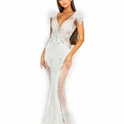 Portia & Scarlett Made To Order Portia & Scarlett FUFU White Feather Mesh Couture Beaded Formal Gown NEW ARRIVALS