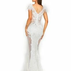 Portia & Scarlett Made To Order Portia & Scarlett FUFU White Feather Mesh Couture Beaded Formal Gown NEW ARRIVALS