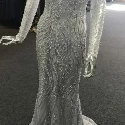 Tina Holly Couture Made To Order MOTHER OF BRIDE/GROOM Tinaholy Couture T17130 Silver Beaded Mesh Sleeve Formal Gown Prom Dress