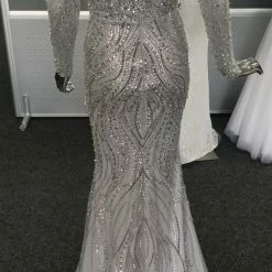 Tina Holly Couture Made To Order MOTHER OF BRIDE/GROOM Tinaholy Couture T17130 Silver Beaded Mesh Sleeve Formal Gown Prom Dress