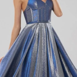 Honey Couture Made To Your Measurements Honey Couture AURORA Metallic Fabric Thin Strap Bustier W Full Skirt Formal Gown NEW ARRIVALS