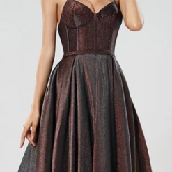 Honey Couture Made To Your Measurements Honey Couture AURORA Metallic Fabric Thin Strap Bustier W Full Skirt Formal Gown NEW ARRIVALS