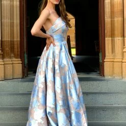 Tina Holly Couture Made To Order NEW ARRIVALS Tina Holly Couture T1020 Pastel Blue Pattern Strapless Ballgown Formal Dress