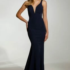 Tina Holly Couture Made To Order Tina Holly Couture T1708 Navy Blue Deep V Neckline W A Drape Back Formal Gown Dress
