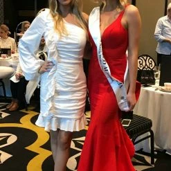 Tina Holly Couture Made To Order NEW ARRIVALS Tina Holly Couture T1708 Chili Red Deep V Neckline W A Drape Back Formal Gown Dress