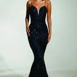 Tina Holly Couture Made To Order SEQUIN DRESSES Tinaholy Couture T17128 Navy Blue Sequin Mermaid Skirt Formal Gown Prom Dress