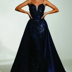 Tina Holly Couture Made To Order SEQUIN DRESSES Tinaholy Couture T17128 Navy Blue Sequin Mermaid Skirt Formal Gown Prom Dress