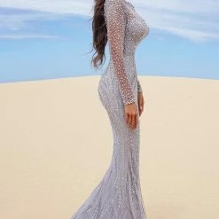 Tina Holly Couture Made To Order MOTHER OF BRIDE/GROOM Tinaholy Couture T17130 Silver Beaded Mesh Sleeve Formal Gown Prom Dress