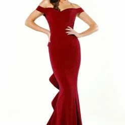Tina Holly Couture Made To Order NEW ARRIVALS Tinaholy Couture T18117 Burgundy Jersey Off Shoulder Formal Gown