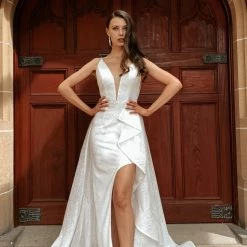 Tina Holly Couture Made To Order BRIDAL COLLECTION Tina Holly Couture T1844 White Glitter Deep V Bridal Formal Dress