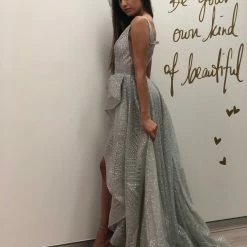 Tina Holly Couture Made To Order Tina Holly Couture T1844 Silver Grey Glitter Drape Mermaid Formal Gown Prom Dress