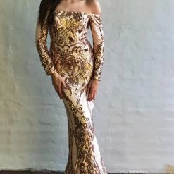 Tina Holly Couture Made To Order NEW ARRIVALS Tina Holly Couture T1866 Gold Sequin Off Shoulder Formal Gown Prom Dress