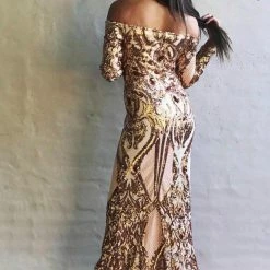 Tina Holly Couture Made To Order NEW ARRIVALS Tina Holly Couture T1866 Gold Sequin Off Shoulder Formal Gown Prom Dress