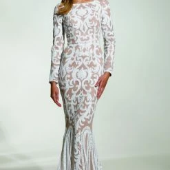 Tina Holly Couture Made To Order Tina Holly Couture T1890 White & Nude Long Sleeve Mermaid Formal Gown Prom Dress BRIDAL COLLECTION