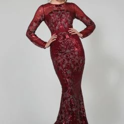 Tina Holly Couture Made To Order Tina Holly Couture TA139 Burgundy Sequin Long Sleeve Mermaid Formal Dress