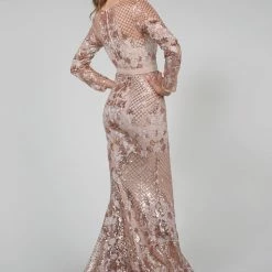 Tina Holly Couture Made To Order NEW ARRIVALS Tina Holly Couture TA139 Rose Gold Sequin Long Sleeve Mermaid Formal Dress