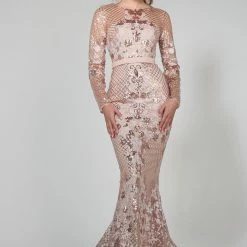 Tina Holly Couture Made To Order NEW ARRIVALS Tina Holly Couture TA139 Rose Gold Sequin Long Sleeve Mermaid Formal Dress