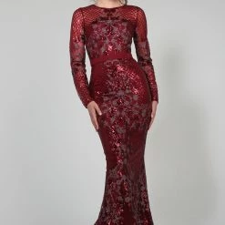 Tina Holly Couture Made To Order Tina Holly Couture TA139 Burgundy Sequin Long Sleeve Mermaid Formal Dress