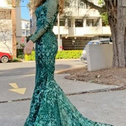 Tina Holly Couture Made To Order NEW ARRIVALS Tina Holly Couture TA139 Emerald Green Sequin Long Sleeve Mermaid Formal Dress