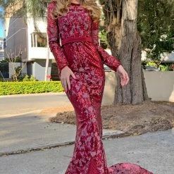 Tina Holly Couture Made To Order Tina Holly Couture TA139 Burgundy Sequin Long Sleeve Mermaid Formal Dress