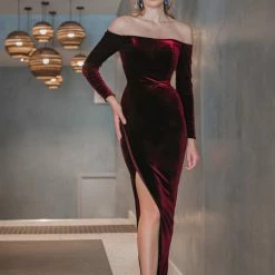 Tina Holly Couture TA301 Wine Red Velvet Long Sleeve Midi Formal Dress NEW ARRIVALS