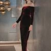 Tina Holly Couture TA301 Wine Red Velvet Long Sleeve Midi Formal Dress NEW ARRIVALS