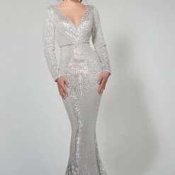 Tina Holly Couture Made To Order NEW ARRIVALS Tina Holly Couture Designer TA803 Silver Long Sleeve Formal Dress