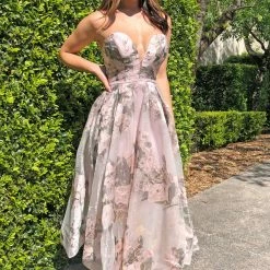 Tina Holly Couture Made To Order NEW ARRIVALS Tina Holly Couture TA819 Pink Floral Chiffon Strapless Midi Semi Formal Dress
