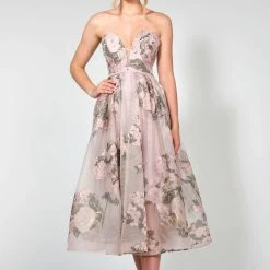 Tina Holly Couture Made To Order NEW ARRIVALS Tina Holly Couture TA819 Pink Floral Chiffon Strapless Midi Semi Formal Dress