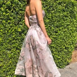 Tina Holly Couture Made To Order NEW ARRIVALS Tina Holly Couture TA819 Pink Floral Chiffon Strapless Midi Semi Formal Dress