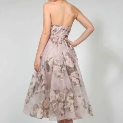 Tina Holly Couture Made To Order NEW ARRIVALS Tina Holly Couture TA819 Pink Floral Chiffon Strapless Midi Semi Formal Dress