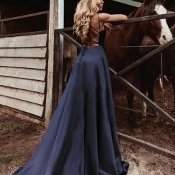 Tina Holly Couture Made To Order Tina Holly Couture TE001 Navy Blue Satin Lace Up Back Formal Dress NEW ARRIVALS