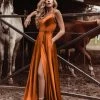 Tina Holly Couture Made To Order NEW ARRIVALS Tina Holly Couture TE001 Rust Orange Satin Lace Up Back Formal Dress