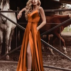 Tina Holly Couture Made To Order NEW ARRIVALS Tina Holly Couture TE001 Rust Orange Satin Lace Up Back Formal Dress