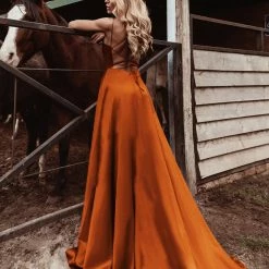 Tina Holly Couture Made To Order NEW ARRIVALS Tina Holly Couture TE001 Rust Orange Satin Lace Up Back Formal Dress