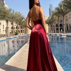 Tina Holly Couture Made To Order Tina Holly Couture TE820 Berry Satin V Front Silky Formal Dress NEW ARRIVALS