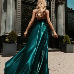 Tina Holly Couture Made To Order Tina Holly Couture TE820 Peacock Emerald Green Satin V Front Silky Formal Dress