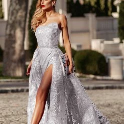 Tina Holly Couture Made To Order Tina Holly Couture Designer TK310 Silver Glitter Formal Dress W Over Skirt