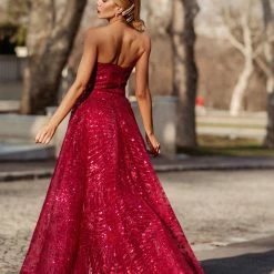 Tina Holly Couture Made To Order Tina Holly Couture Designer TK310 Wine Red Glitter Formal Dress W Over Skirt