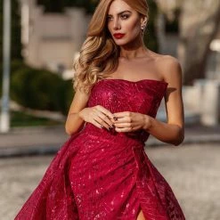 Tina Holly Couture Made To Order Tina Holly Couture Designer TK310 Wine Red Glitter Formal Dress W Over Skirt