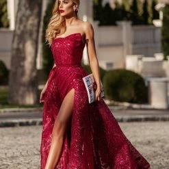 Tina Holly Couture Made To Order Tina Holly Couture Designer TK310 Wine Red Glitter Formal Dress W Over Skirt