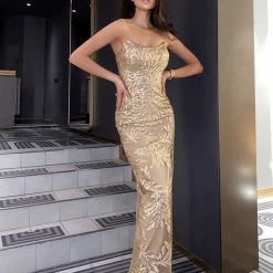 Tina Holly Couture Made To Order Tina Holly Couture Designer TW003 Gold Sequin Strapless Midi Dress