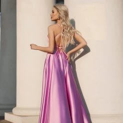 Tina Holly Couture Made To Order NEW ARRIVALS Tina Holly Couture Designer TW004 Pink Lace Up Back Silky Satin Formal Gown