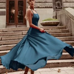 Tina Holly Couture Made To Order Tina Holly Couture Designer TW004 Indigo Lace Up Back Silky Satin Formal Gown