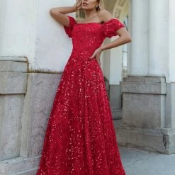 Tina Holly Couture Made To Order Tina Holly Couture TW023 Ruby Red Off Shoulder A Line Formal Dress