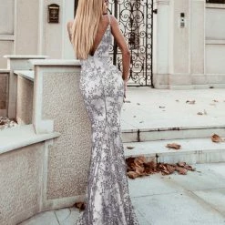 Tina Holly Couture Made To Order Tina Holly Couture Designer TW049 Silver Beaded Sequin Mermaid Formal Gown