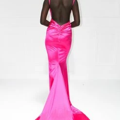 NEW ARRIVALS Honey Couture MILEE Hot Pink Low Back Mermaid Evening Gown Dress W Leg Split