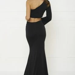Honey Couture HARPER Black One Shoulder Drape Sleeve Crop Top And Skirt Set NEW ARRIVALS