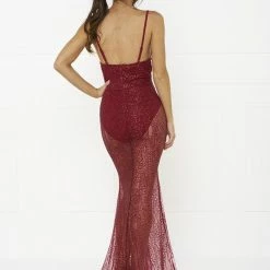 Honey Couture EVELYN Red Glitter Sheer Formal Dress NEW ARRIVALS